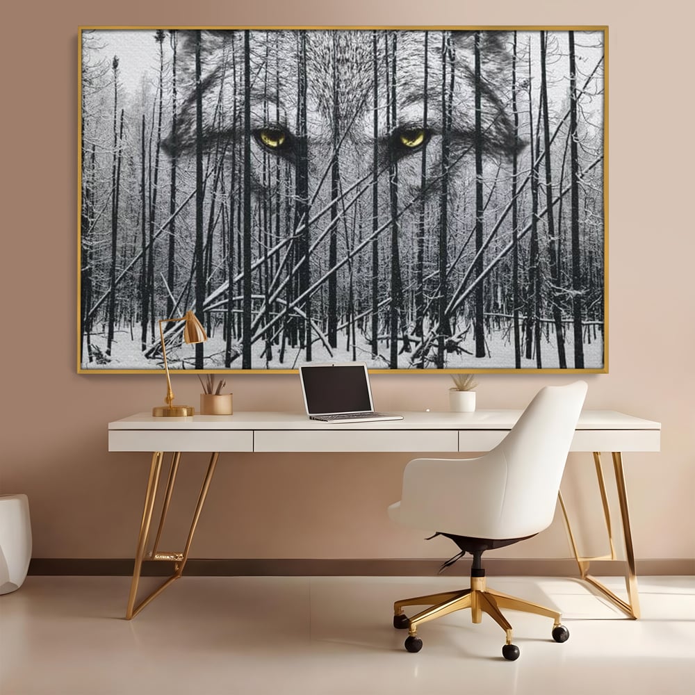 Tablou canvas cu tablou canvas cu ochi de lup si padure iarna, in rama de aluminiu auriu, pe perete intr-un birou